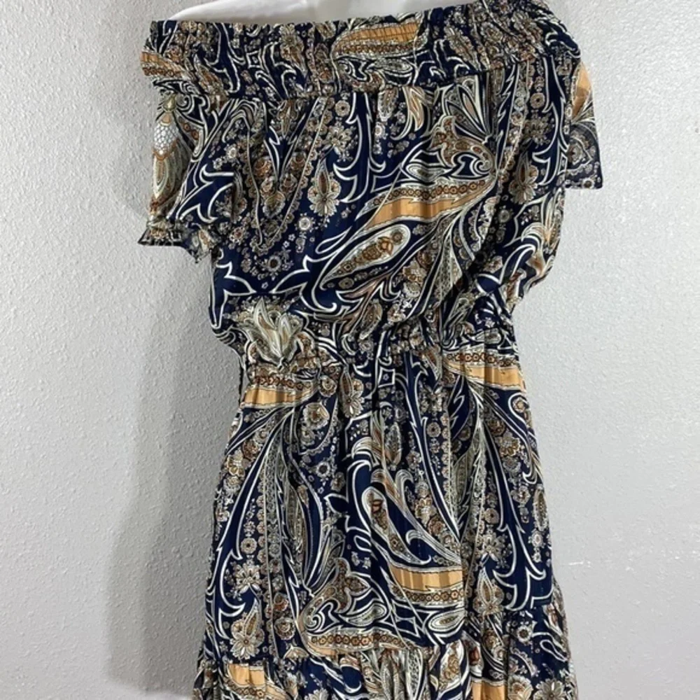 Lulu’s Always Right Navy Blue Multi Print Off-The-Shoulder Dress Small AD5
